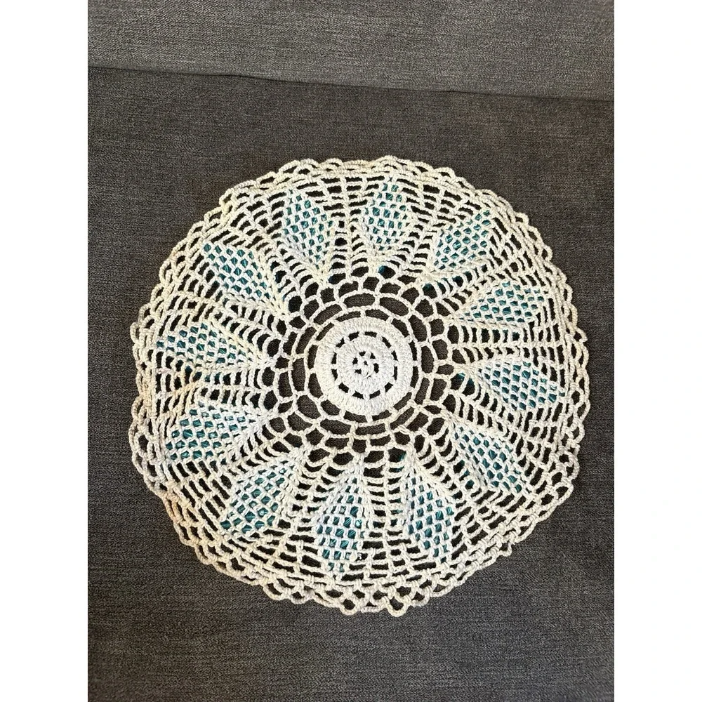 Handmade Crocheted Doily Blue Beads White 11